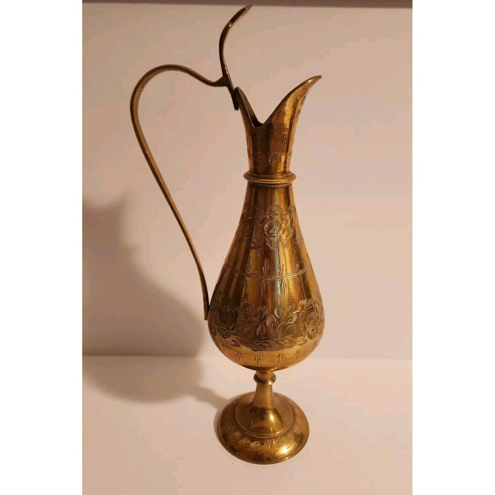 Vintage Floral Etched Brass Pitcher 11.25” Heavy Beautiful